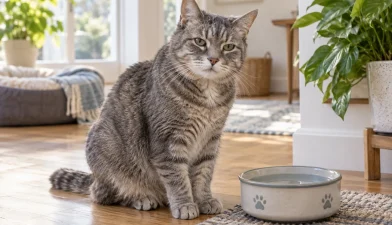 Temiz su kabının yanında oturan yaşlı gri tekir kedi