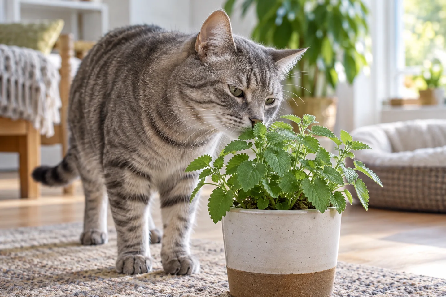 Saksıdaki kedi nanesi bitkisini koklayan tekir kedi