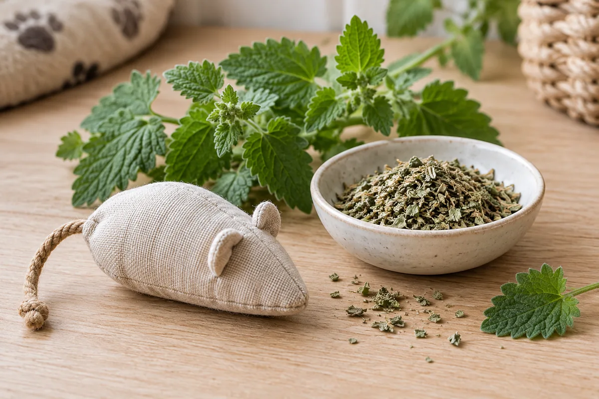 Kurutulmuş kedi nanesi, taze yapraklar ve kumaş kedi oyuncağı