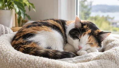 Pencere yanında krem renkli yatağında rahatça uyuyan alacalı kedi