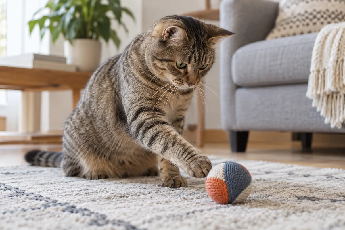 Oturma odasında kumaş oyuncağa patisini uzatan uyanık tekir kedi