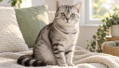 Ağzı kapalı ve rahat duruşla oturan gümüş tekir kedi