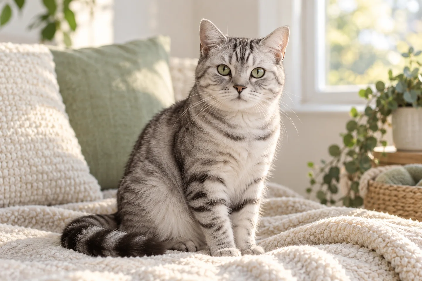 Ağzı kapalı ve rahat duruşla oturan gümüş tekir kedi