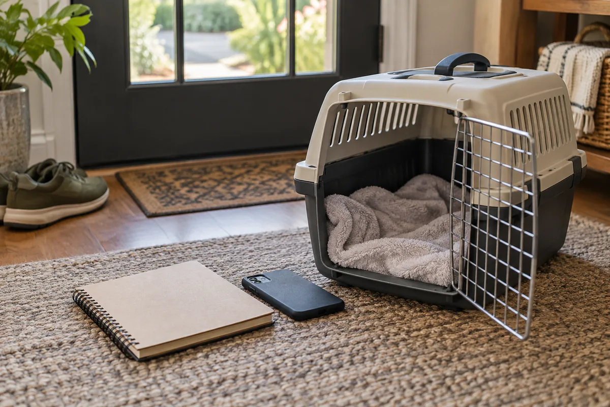 Kedi taşıma kabı yanında not defteri ve telefon