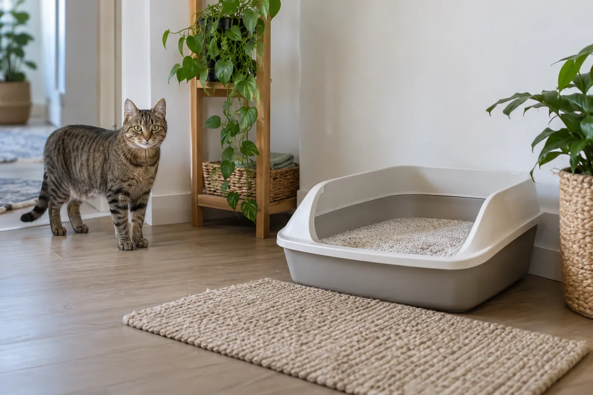 Kolay girişli açık kum kabı ve engellenmemiş geçiş alanı olan kedi tuvaleti