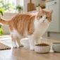 Mama ve su kabının yanında duran sağlıklı yetişkin kedi