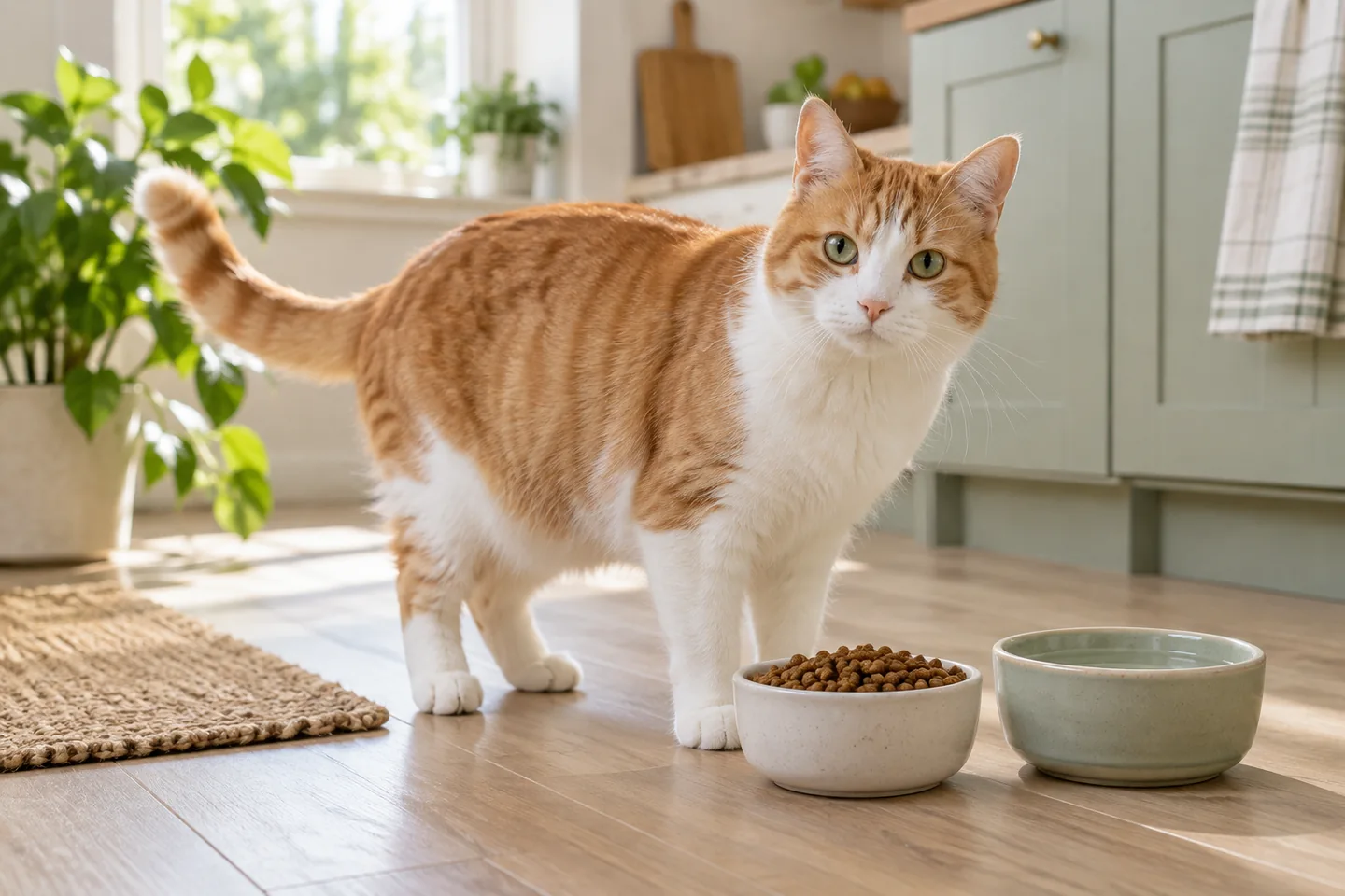 Mama ve su kabının yanında duran sağlıklı yetişkin kedi