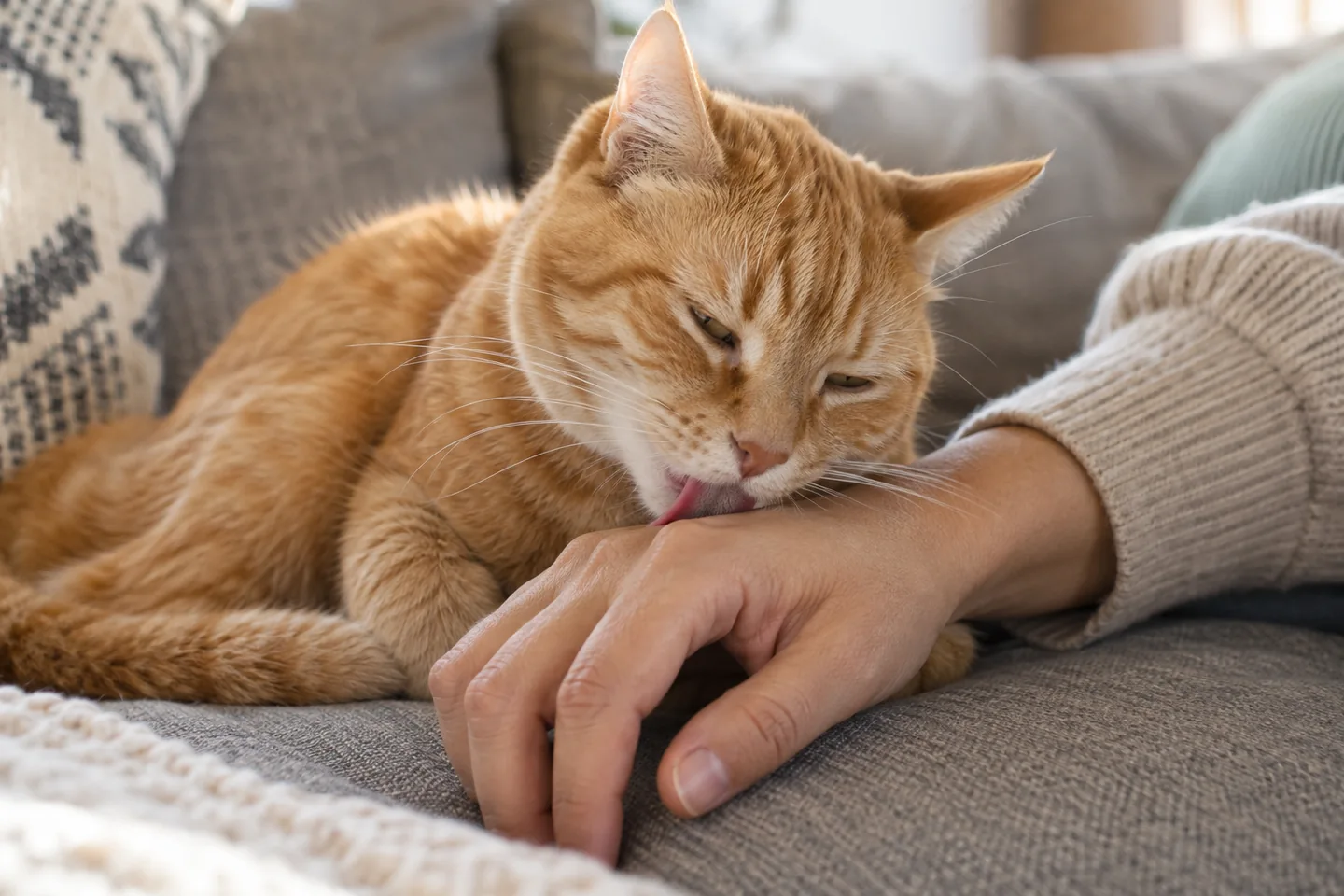 Kanepede dinlenirken sahibinin temiz elini nazikçe yalayan turuncu kedi