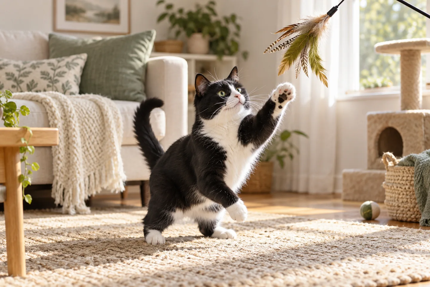 Oltalı oyuncakla oynayan siyah beyaz kedi