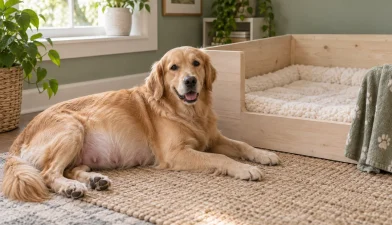 Doğum alanının yanında dinlenen gebe golden retriever