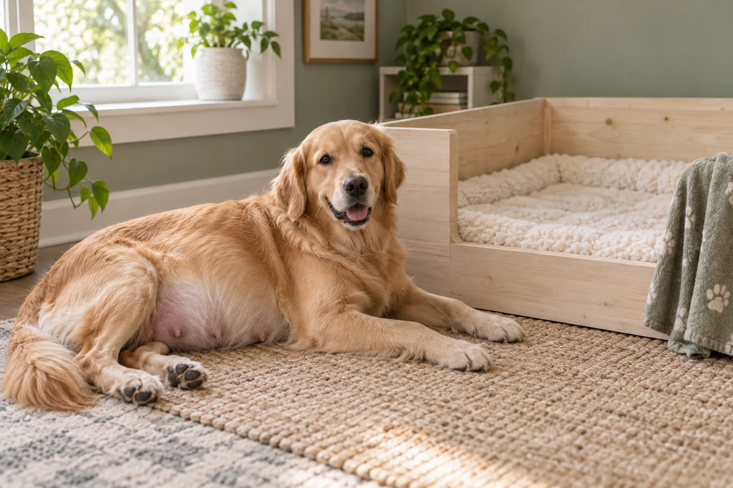 Doğum alanının yanında dinlenen gebe golden retriever
