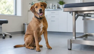 Veteriner muayene odasında sakin biçimde oturan kahverengi köpek