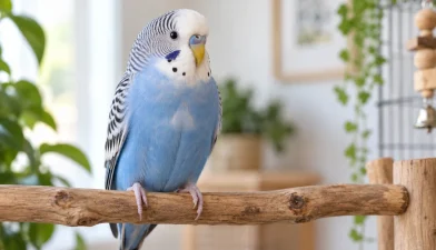 Ahşap tünekte hafif kabarık tüylerle duran mavi beyaz muhabbet kuşu