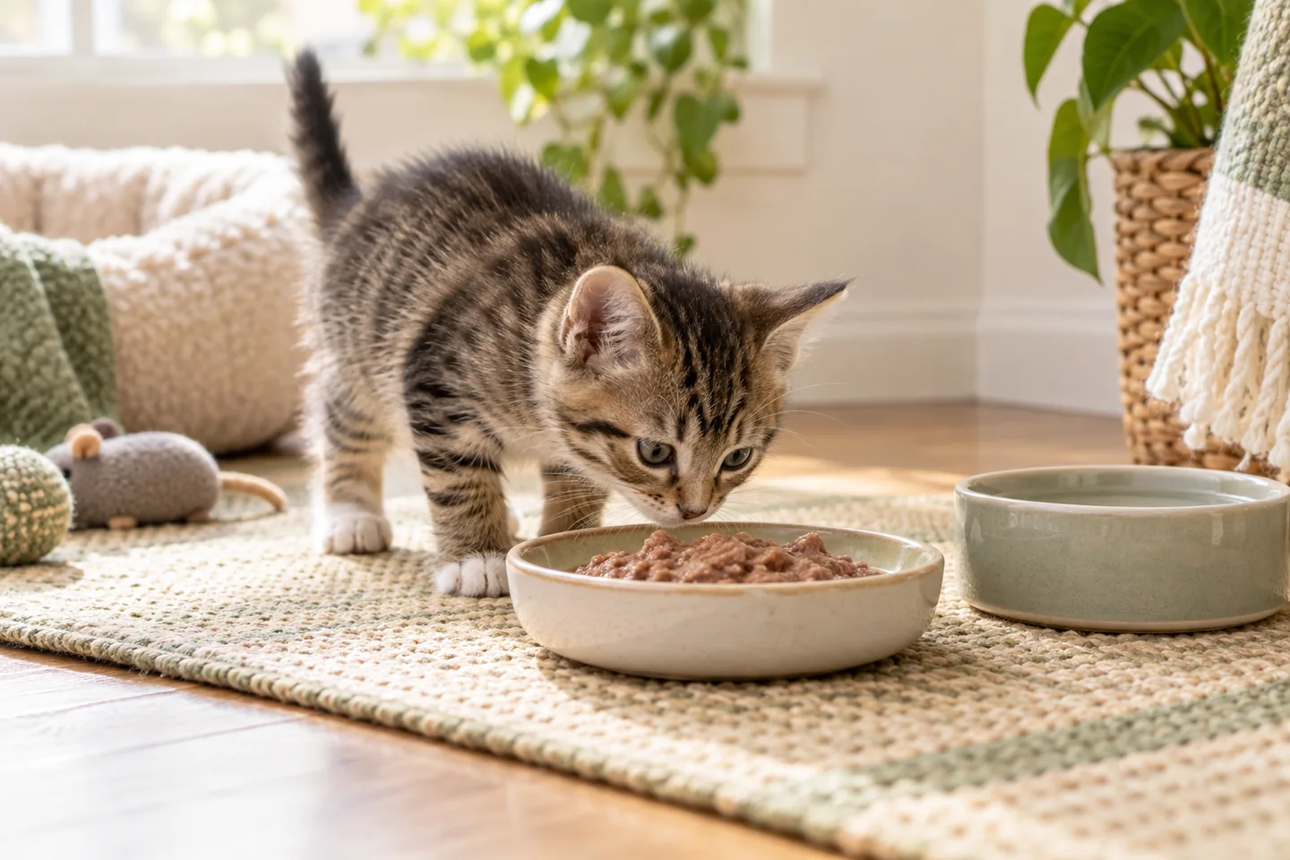 Yavru kedi mamasını koklayan küçük tekir kedi