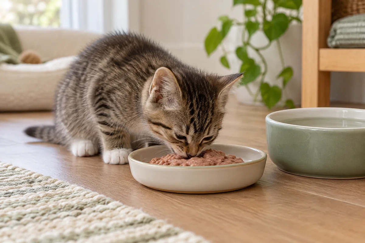 Sığ mama kabından yaş yavru maması yiyen tekir kedi